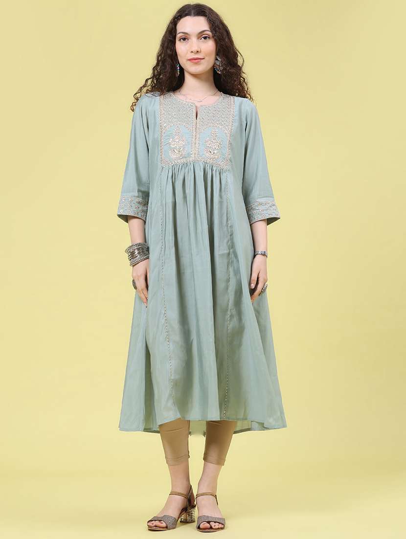 Women Solid With Work Three Quarter Sleeve A-line Kurta - 22479713 -  Standard Image - 3