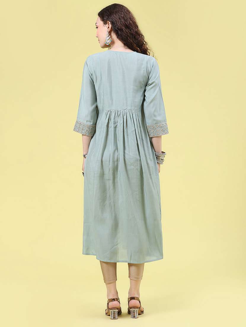 Women Solid With Work Three Quarter Sleeve A-line Kurta - 22479713 -  Standard Image - 5
