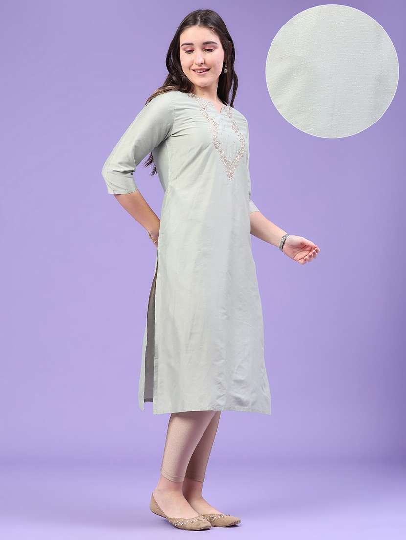 Women Solid With Work Three Quarter Sleeve Straight Kurta - 22479717 -  Standard Image - 3