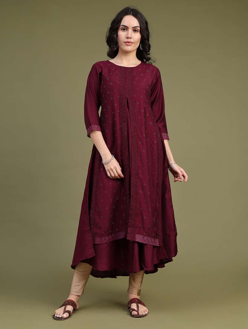 women solid with work three quarter sleeve flared kurta