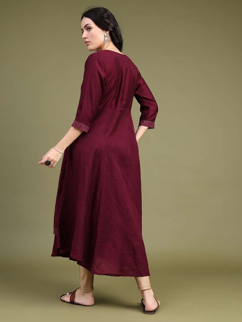 Women Solid With Work Three Quarter Sleeve Flared Kurta - 22480348 -  Standard Image - 3