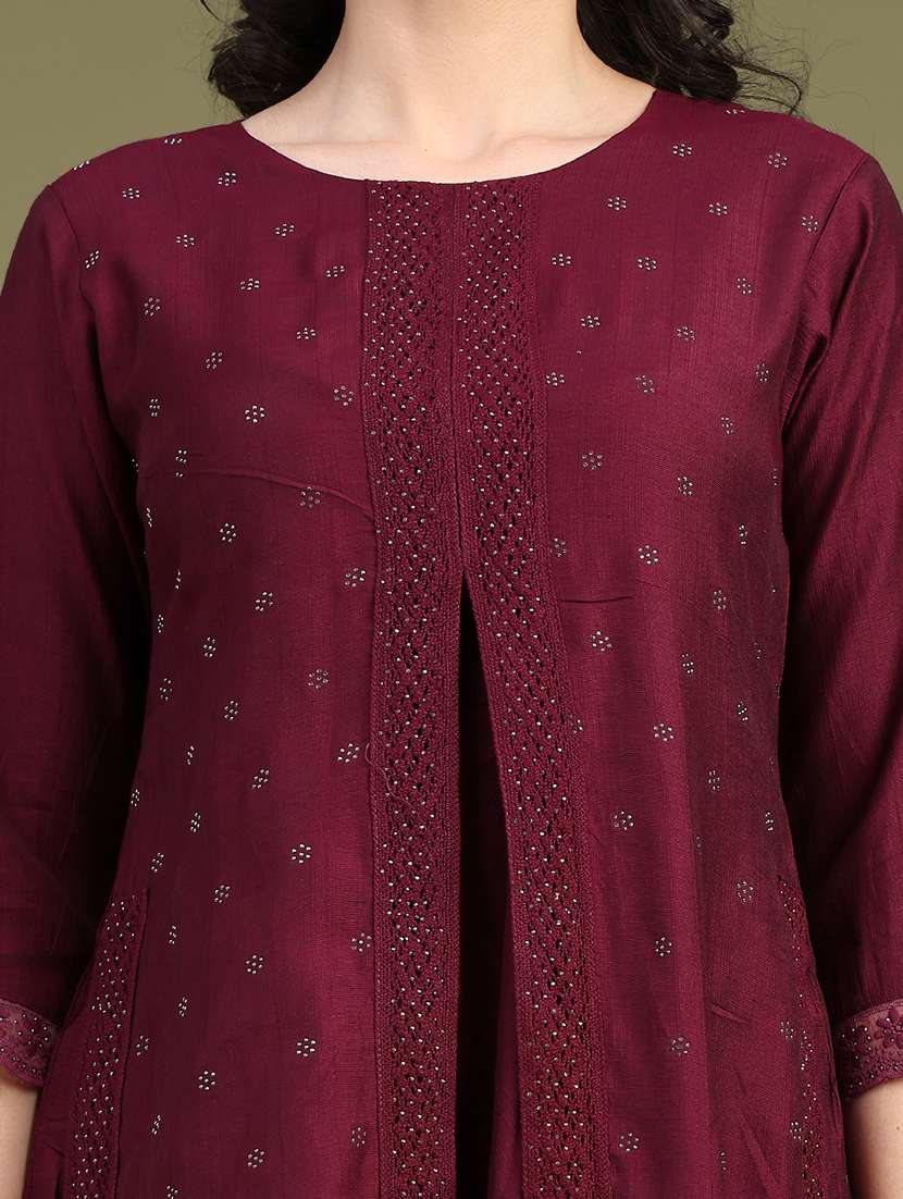 Women Solid With Work Three Quarter Sleeve Flared Kurta - 22480348 -  Standard Image - 5