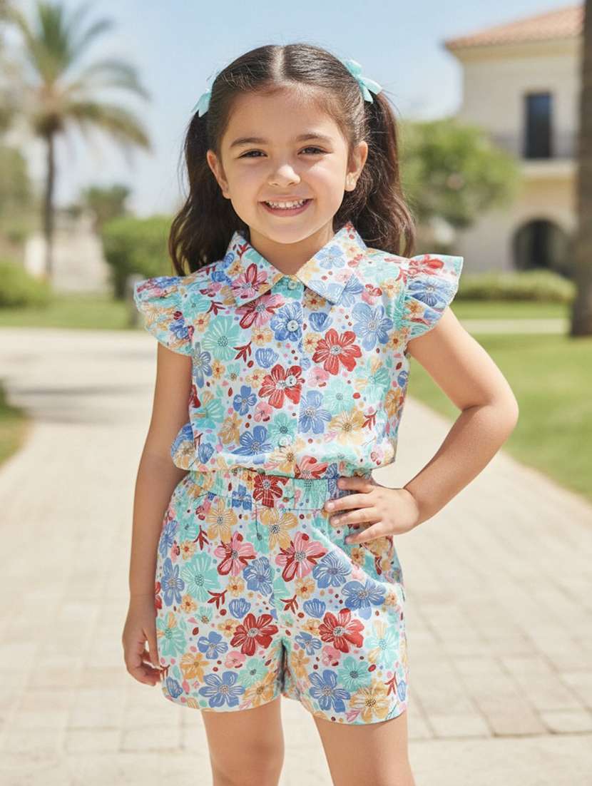 girls floral cap sleeve top & shorts set