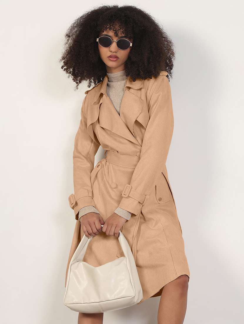 women solid lapel collar trench coat