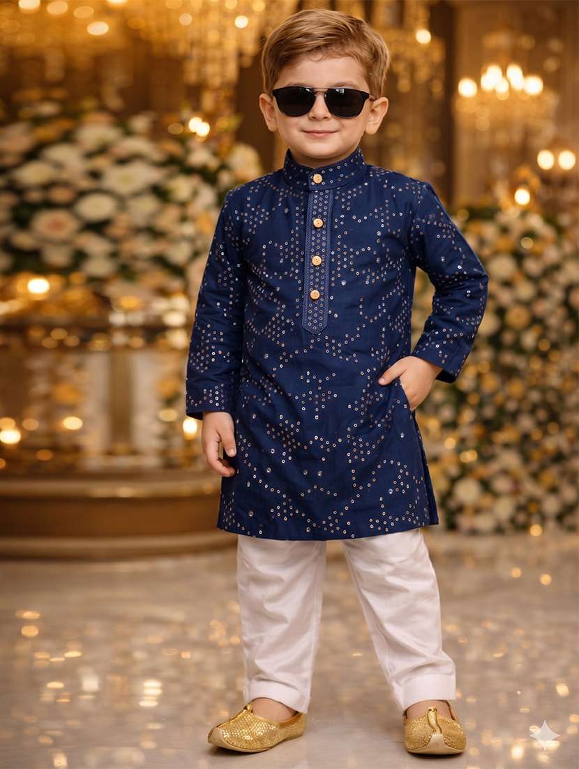 boys  embroidered cotton blend kurta and pyjama set