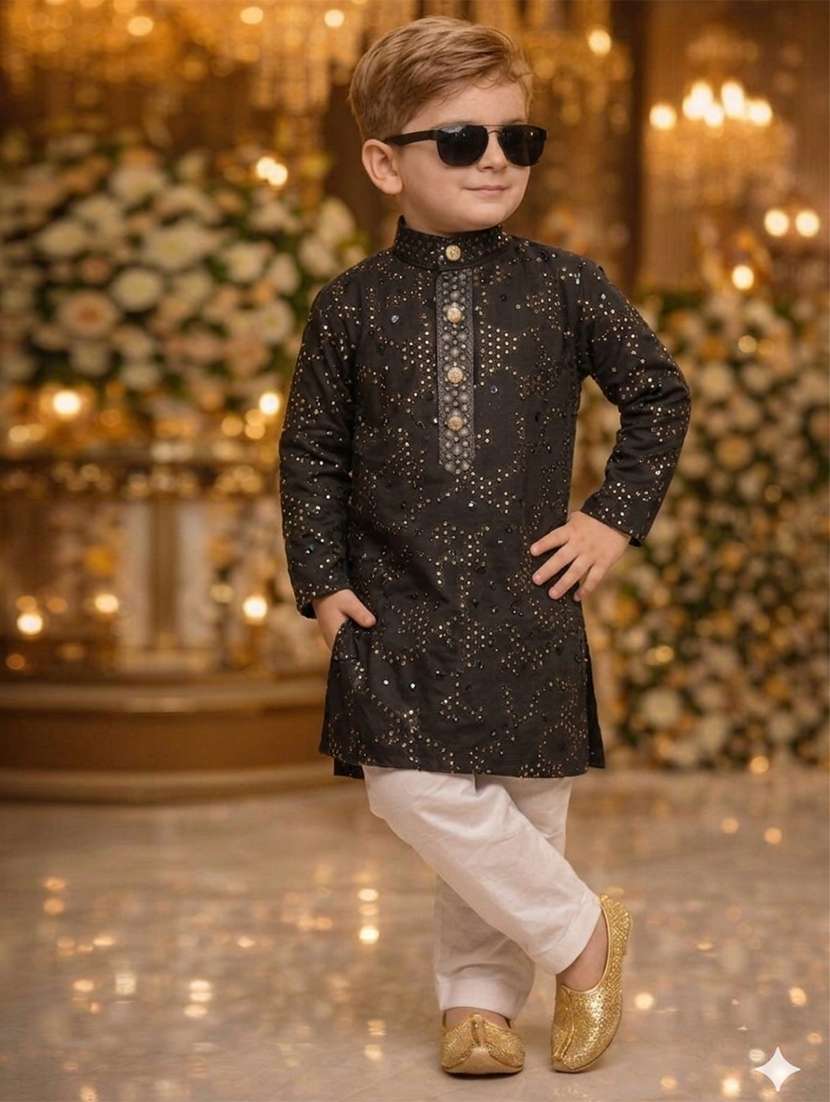 boys  embroidered cotton blend kurta and pyjama set