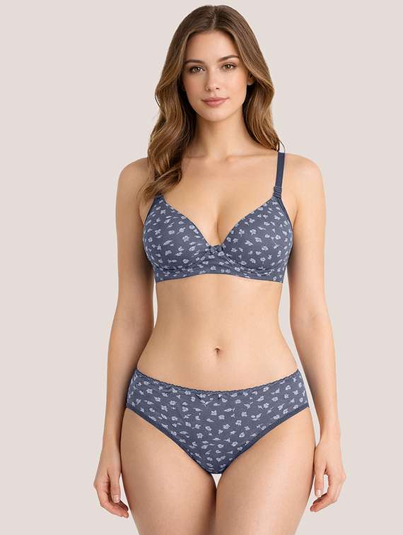 women blue floral lycra blend regular bra panty set