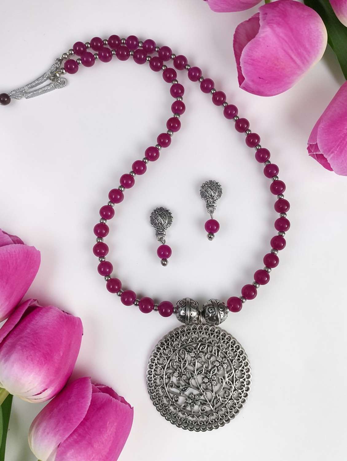 oxidised pink artificial necklace set with earrings