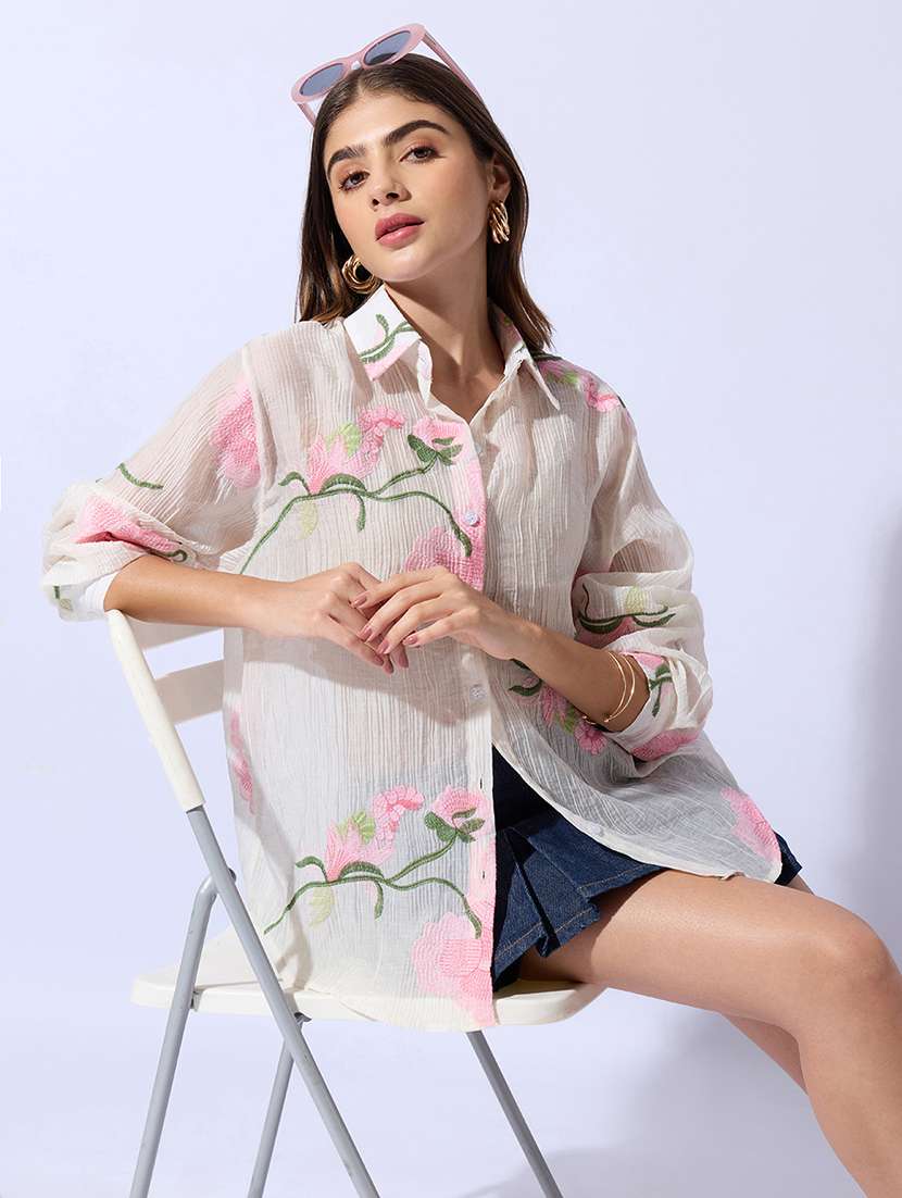 women embroidered long sleeves relaxed fit shirt