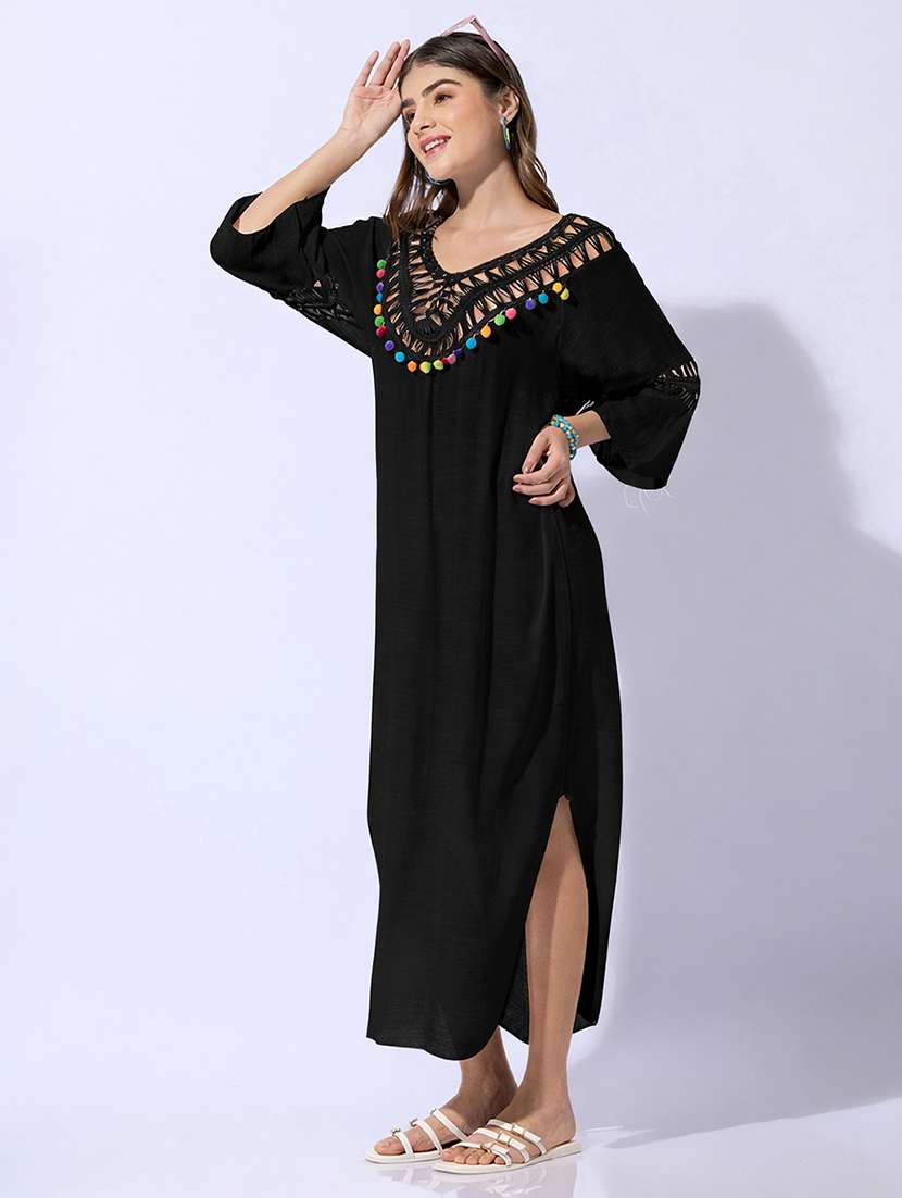 Women Self Design V Neck High Slit Maxi Dress - 22480658 -  Standard Image - 3