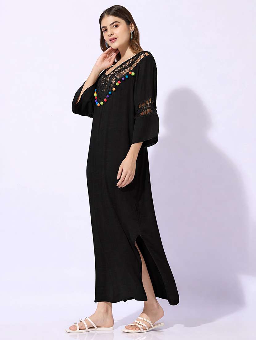 Women Self Design V Neck High Slit Maxi Dress - 22480658 -  Standard Image - 5