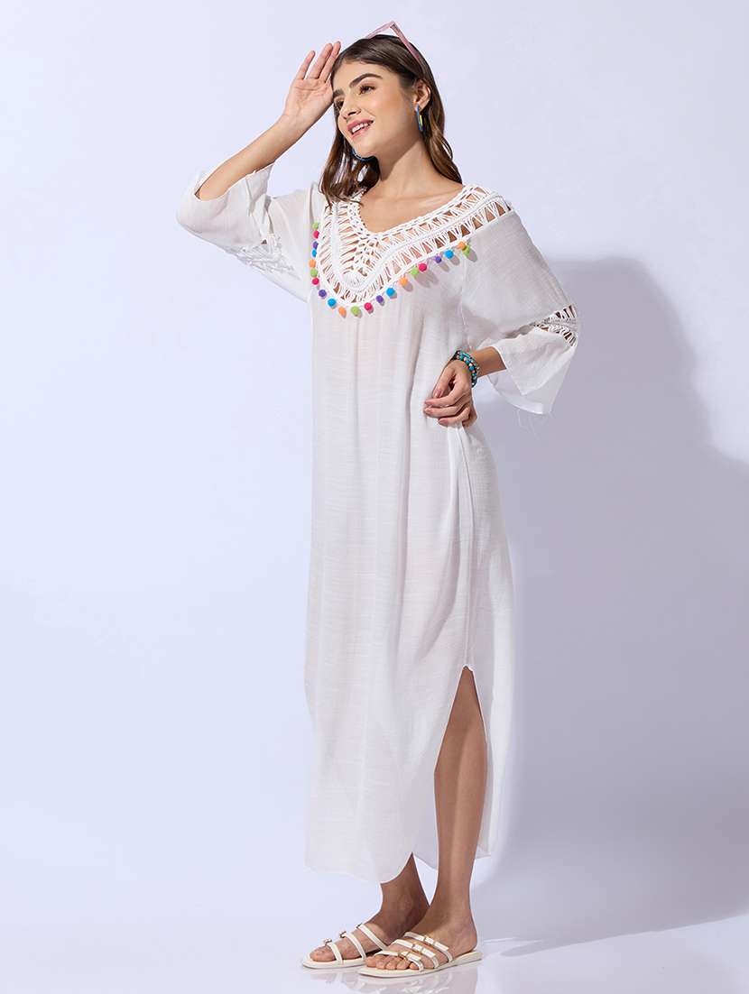 Women Self Design V Neck High Slit Maxi Dress - 22480660 -  Standard Image - 3