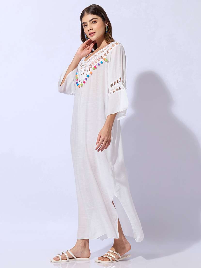 Women Self Design V Neck High Slit Maxi Dress - 22480660 -  Standard Image - 5