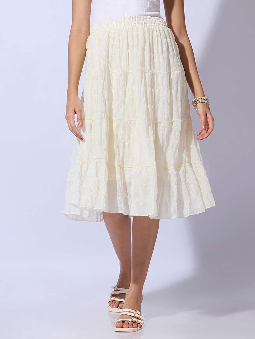 women printed mid rise tiered midi skirt