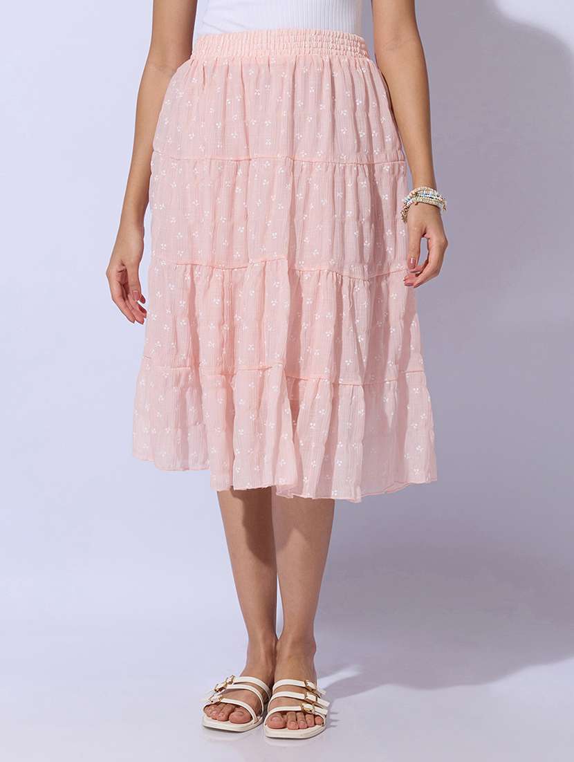 women printed mid rise tiered midi skirt