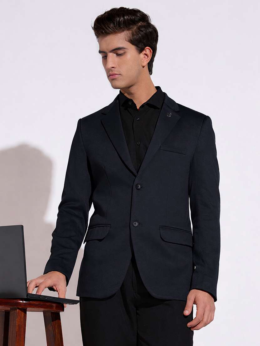 men solid lapel collar single breasted casual blazer
