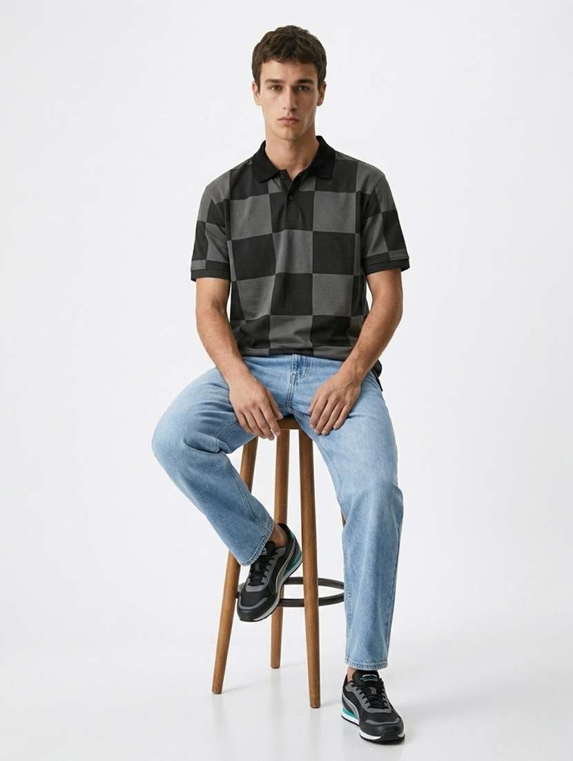 men checkered short sleeve regular fit polo t-shirt