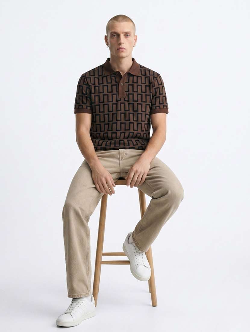 men geometric short sleeve regular fit polo t-shirt
