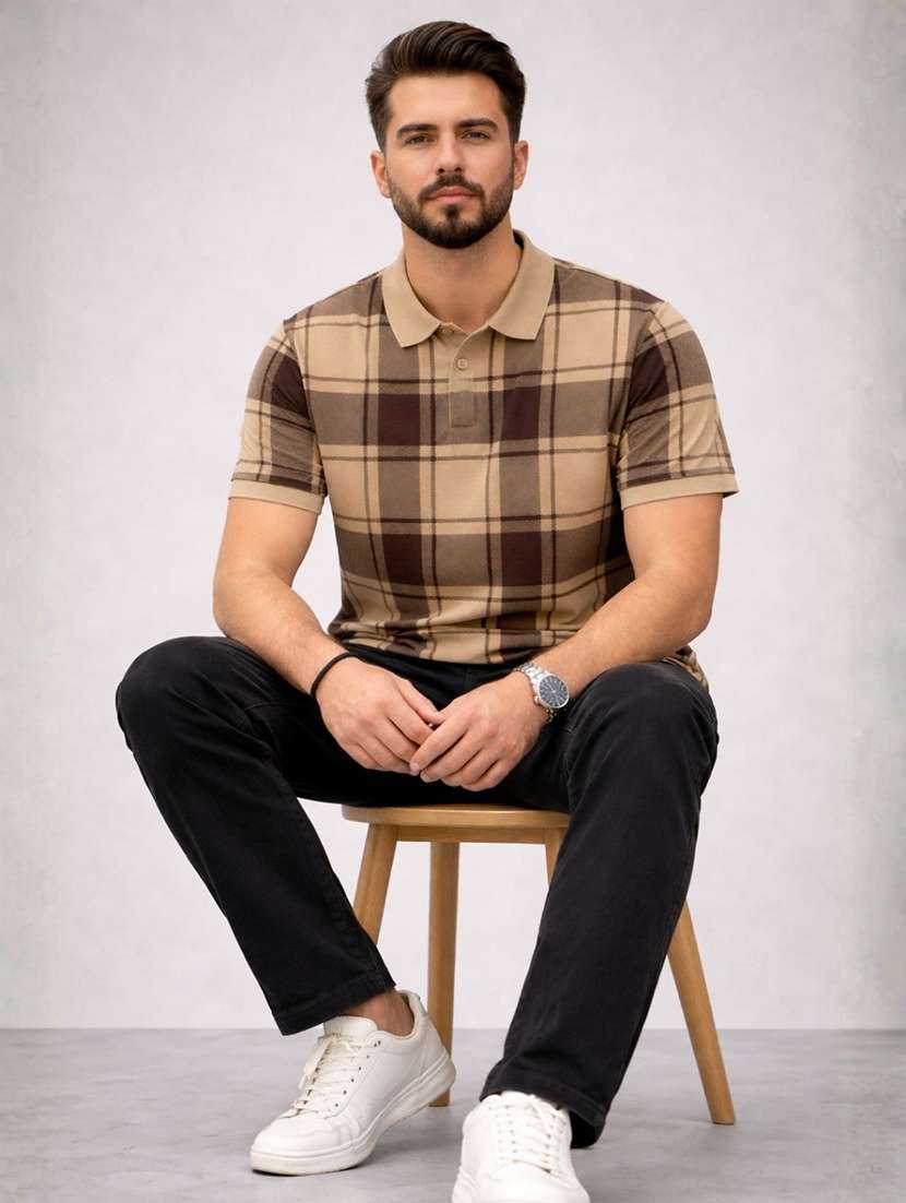 men checkered short sleeve regular fit polo t-shirt