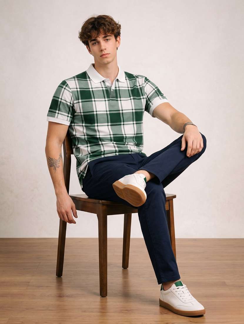 men checkered short sleeve regular fit polo t-shirt