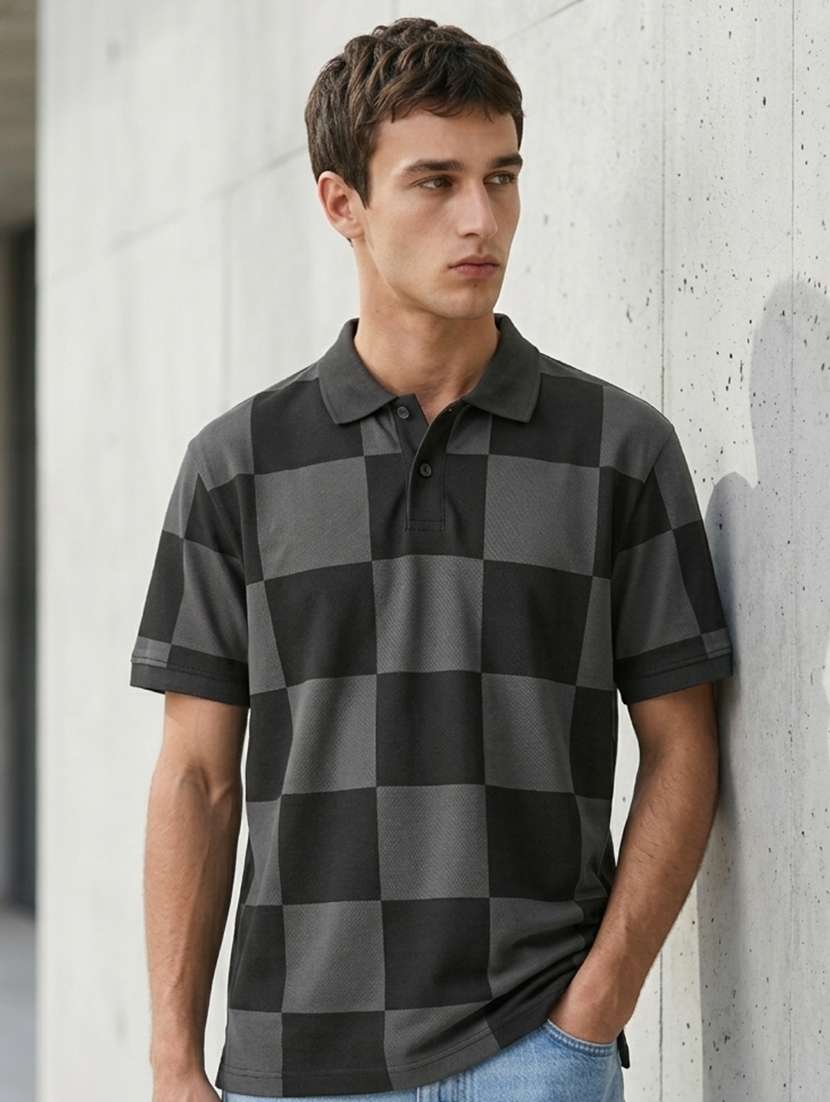 men checkered short sleeve regular fit polo t-shirt