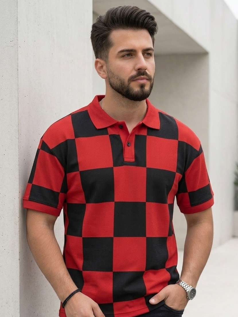 men checkered short sleeve regular fit polo t-shirt