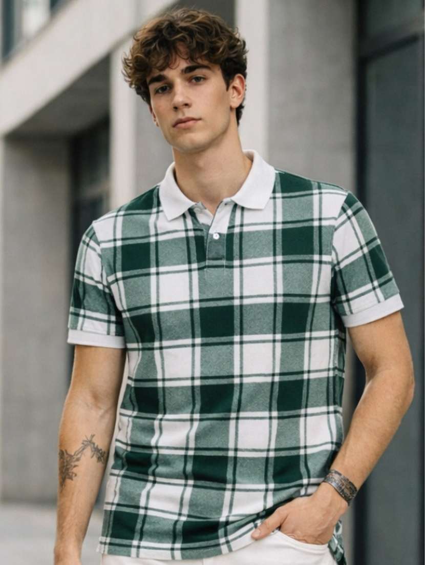 men checkered short sleeve regular fit polo t-shirt