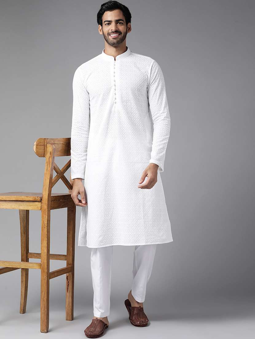 men solid with work mandarin neck kurta pyjama set