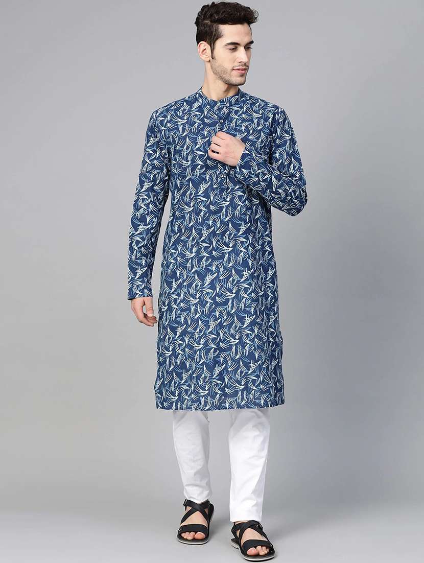 men printed mandarin neck kurta pyjama set