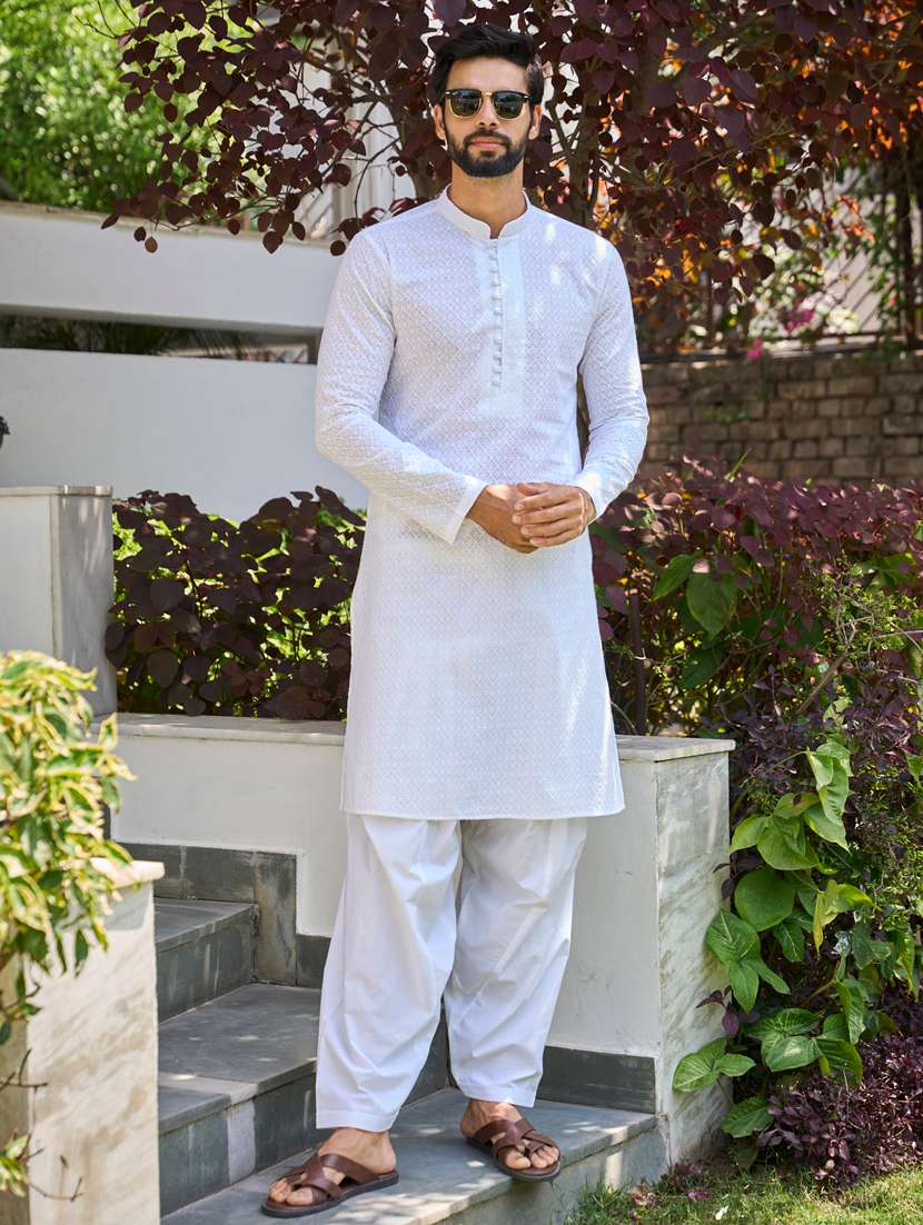 men solid with work mandarin neck kurta salwar set - 22481036 -  Standard Image - 3
