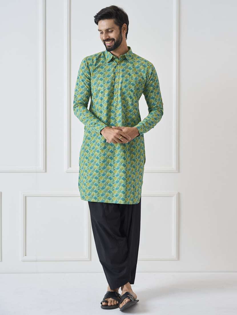 men printed long sleeve pathani kurta salwar set