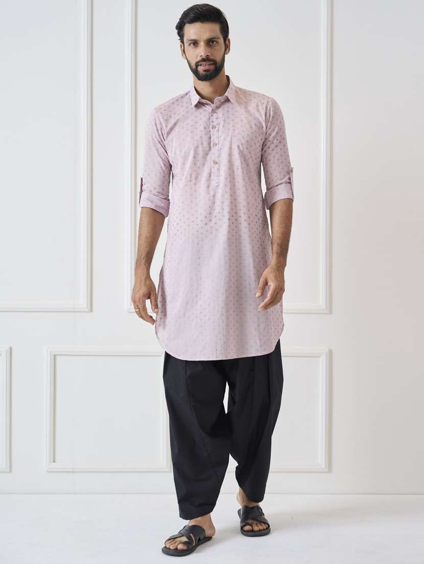 men printed long sleeve pathani kurta salwar set