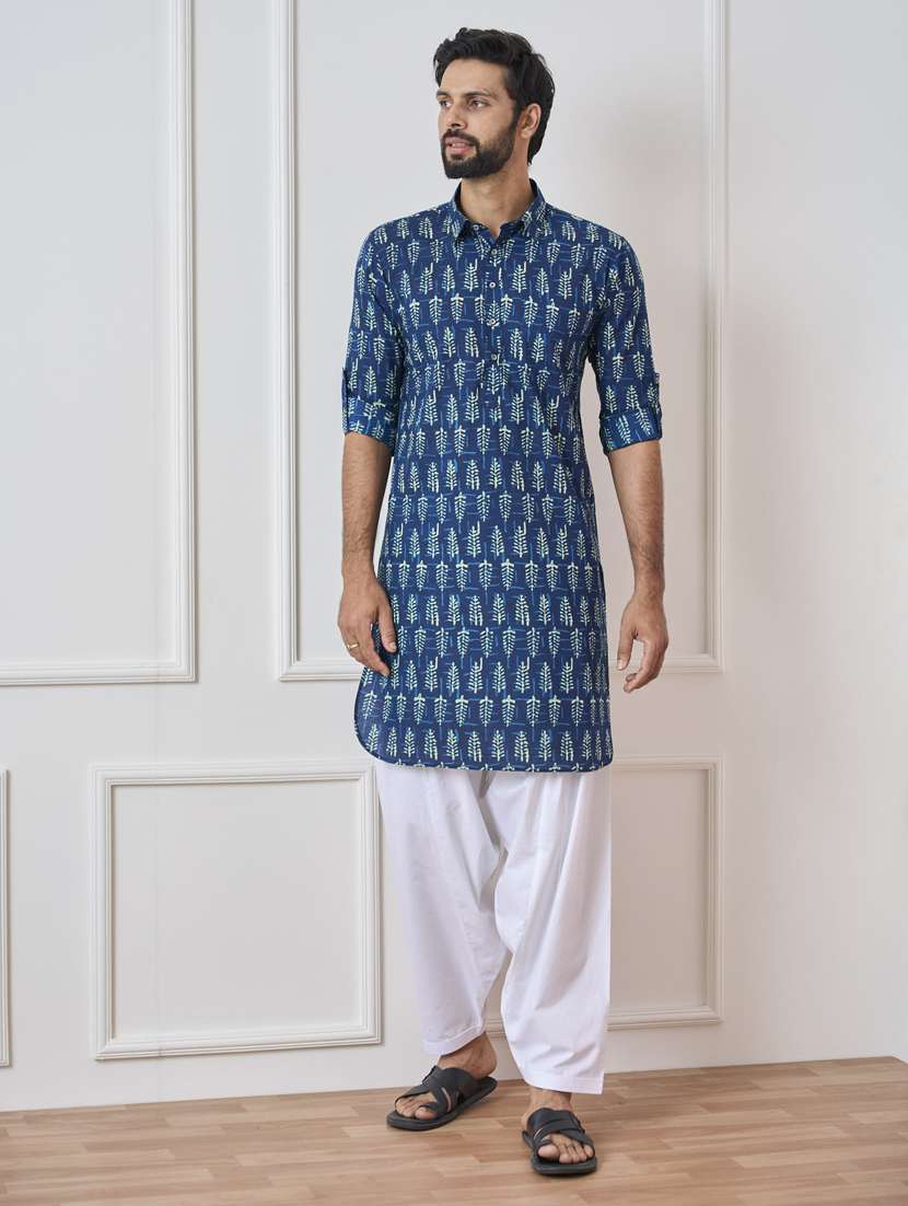 men printed long sleeve pathani kurta salwar set