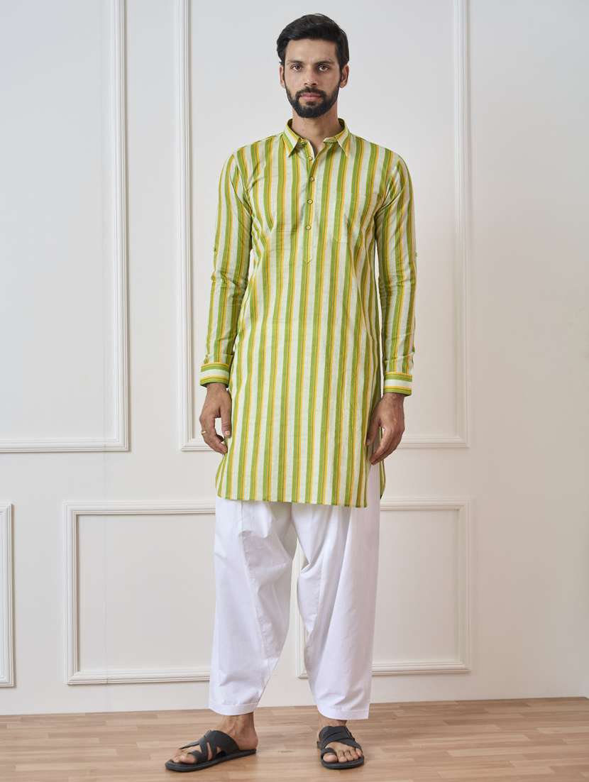 men printed long sleeve pathani kurta salwar set
