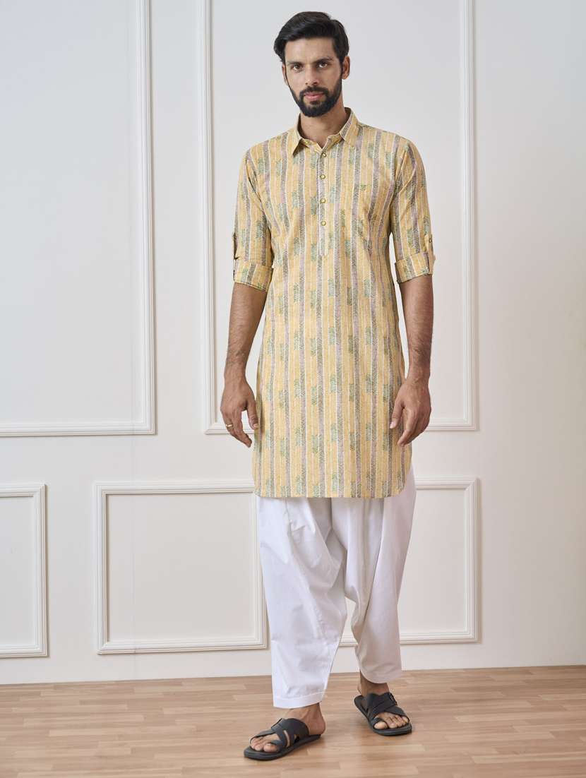 men printed long sleeve pathani kurta salwar set