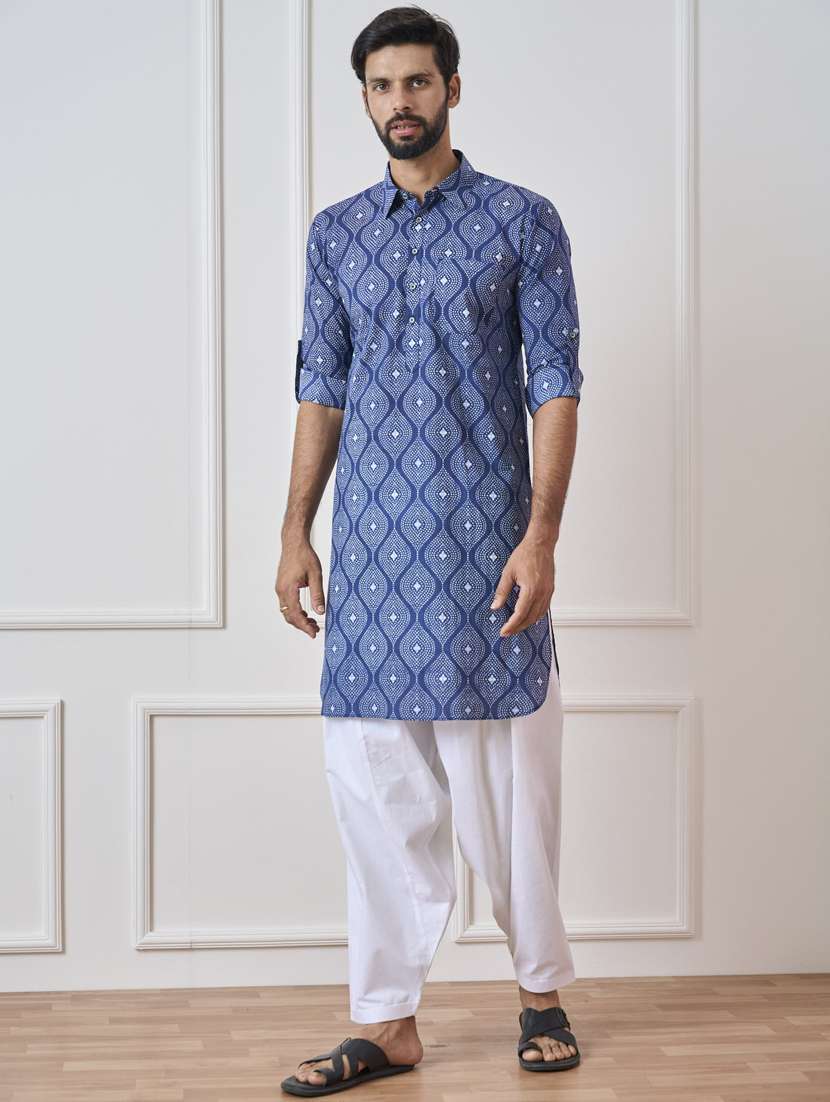 men printed long sleeve pathani kurta salwar set