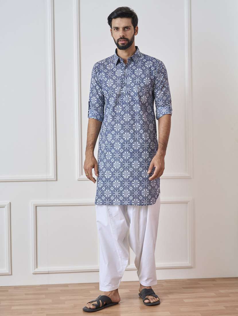 men printed long sleeve pathani kurta salwar set
