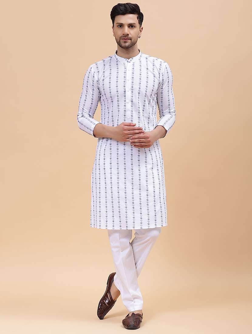 men solid with work mandarin neck kurta pyjama set