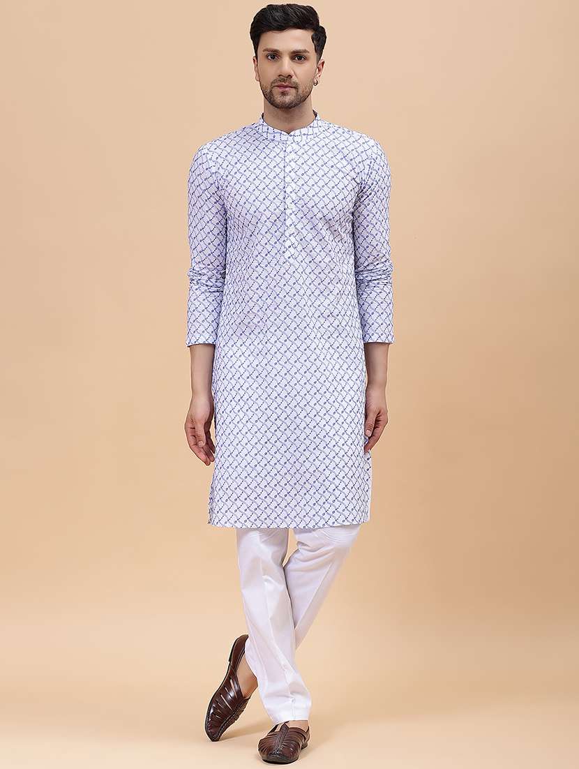 men solid with work mandarin neck kurta pyjama set
