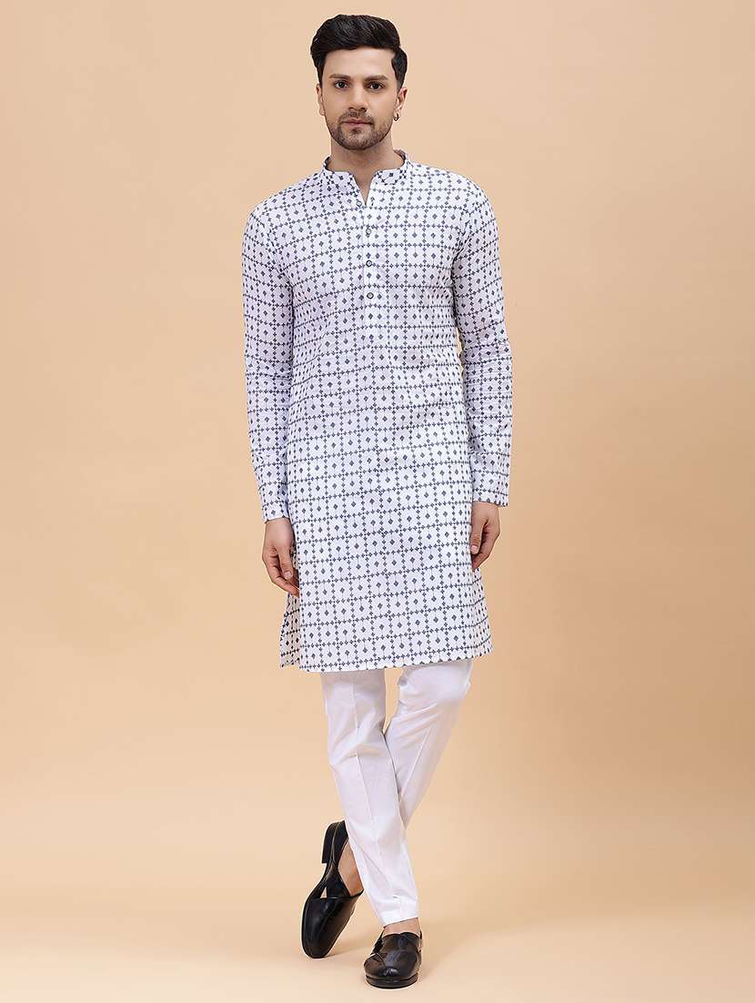 men solid with work mandarin neck kurta pyjama set