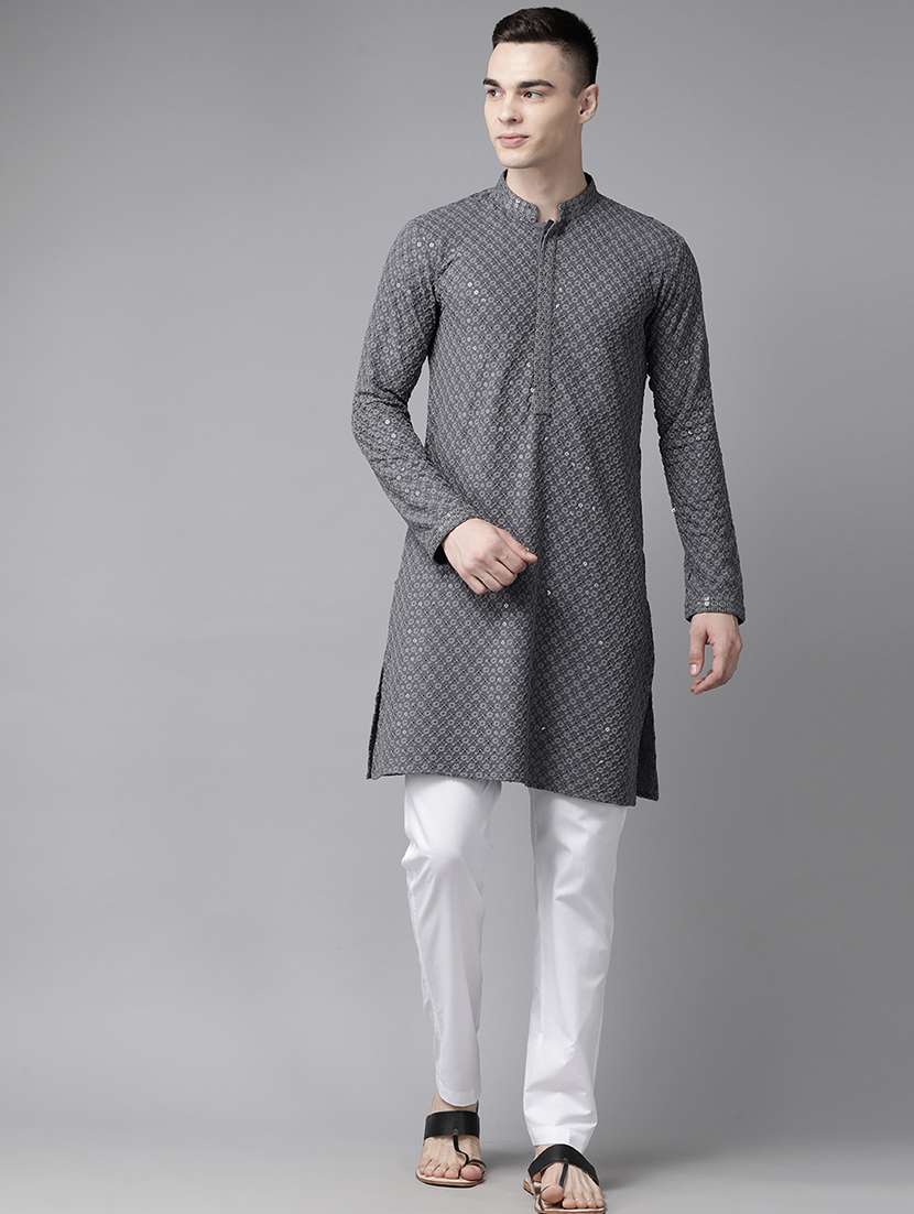 men solid with work mandarin neck kurta pyjama set