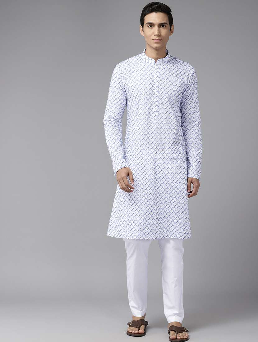 men solid with work mandarin neck kurta pyjama set