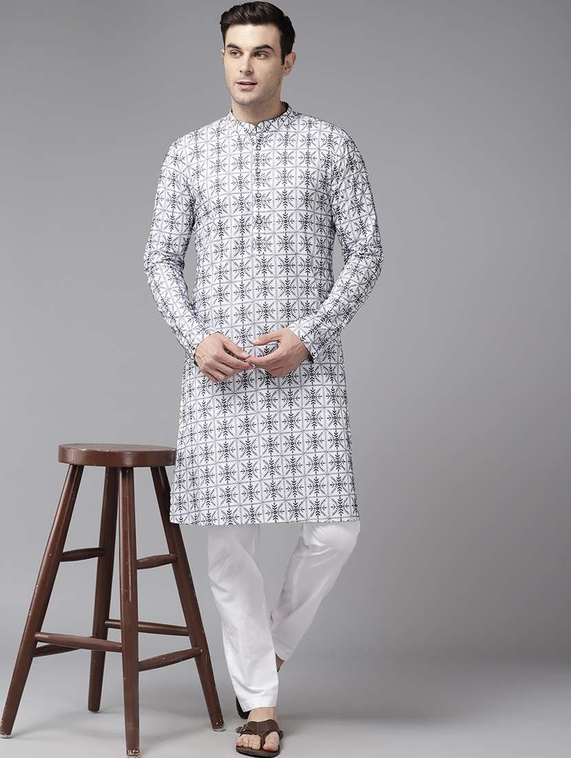 men solid with work mandarin neck kurta pyjama set