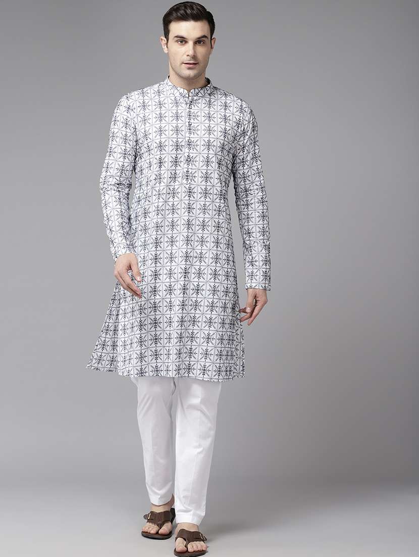 men solid with work mandarin neck kurta pyjama set - 22481101 -  Standard Image - 3