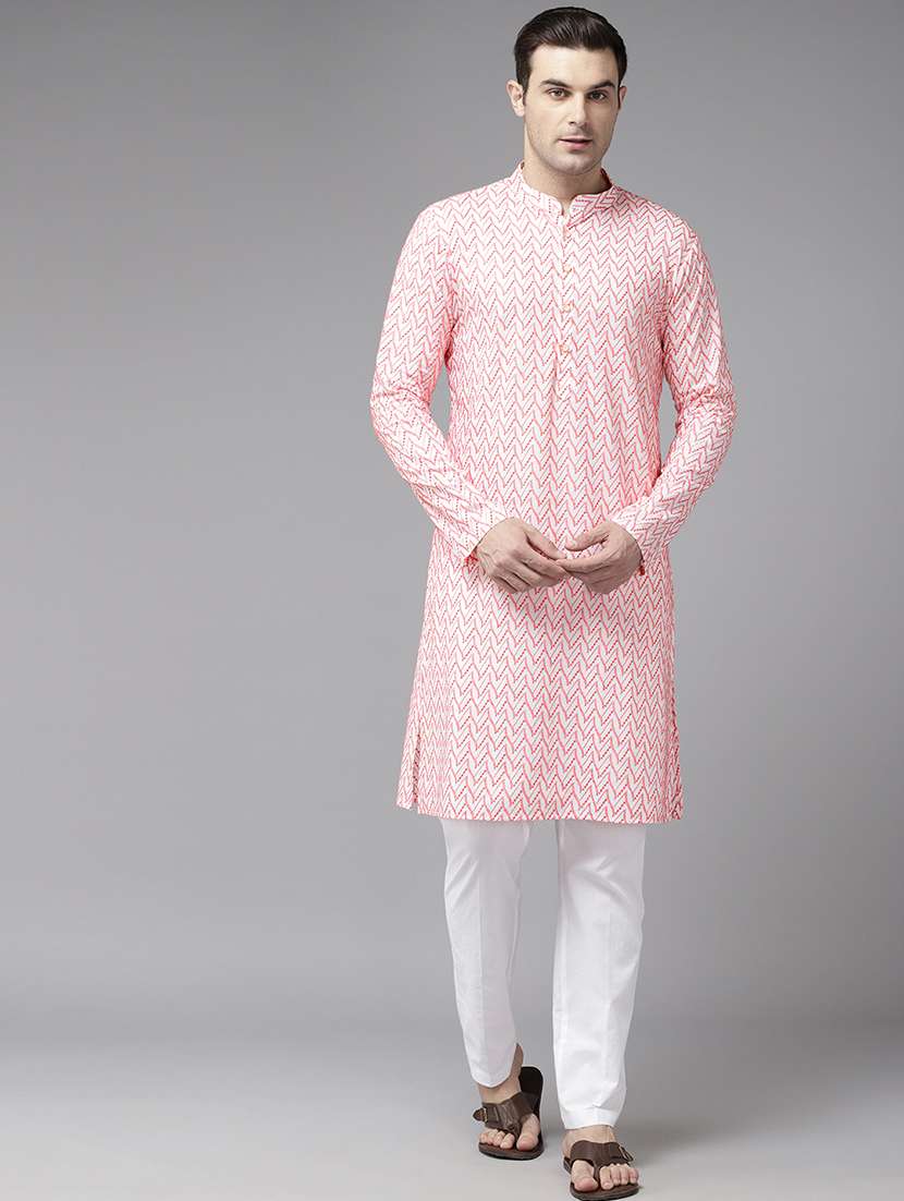 men solid with work mandarin neck kurta pyjama set