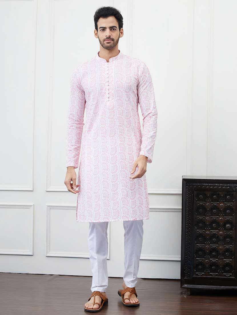 men solid with work mandarin neck kurta pyjama set