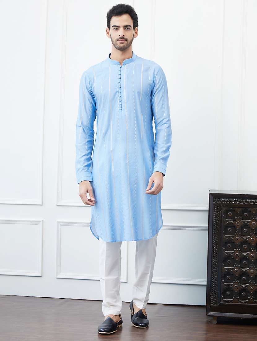 men solid with work mandarin neck kurta pyjama set