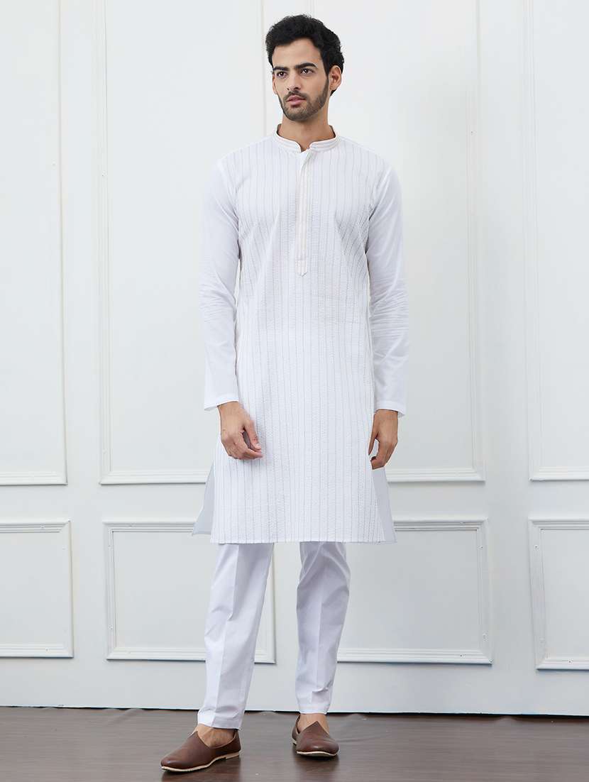 men solid with work mandarin neck kurta pyjama set