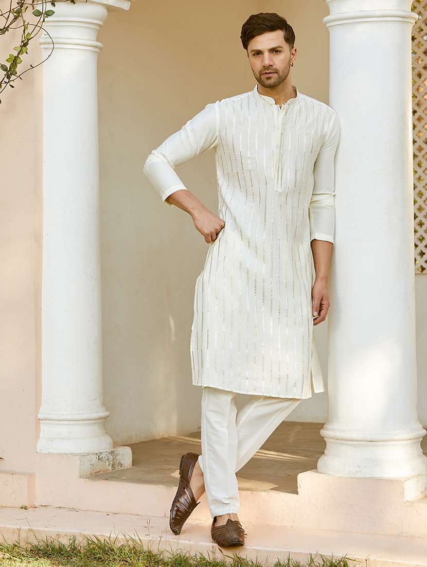 men solid with work mandarin neck kurta pyjama set