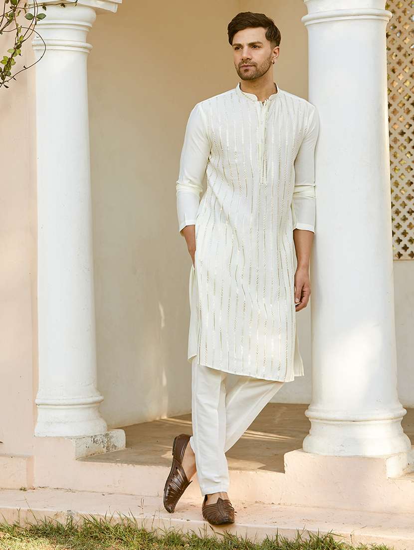 men solid with work mandarin neck kurta pyjama set - 22481136 -  Standard Image - 3